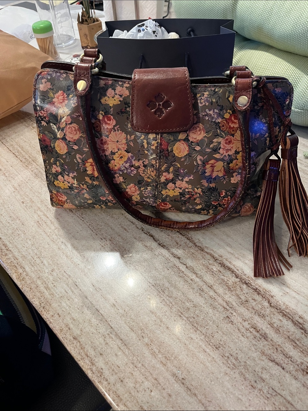 Patricia Nash Floral Print Shoulder Satchel in Brown with Tassel Accent w/wallet - Picture 2 of 8